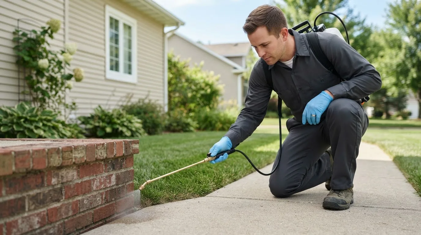 Pest control technician treating a home near Cutchogue, NY