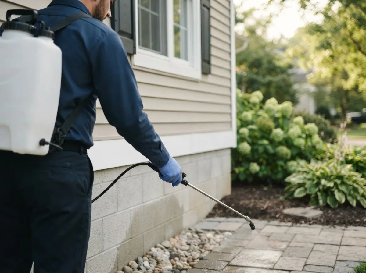Pest control technician inspecting a home in Cutchogue, NY